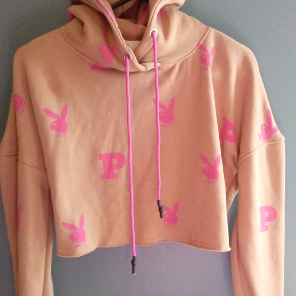 Playboy Bunny‎ Crop Hoodie Tan Pink All Over Print Drawstring Hooded Sweatshirt